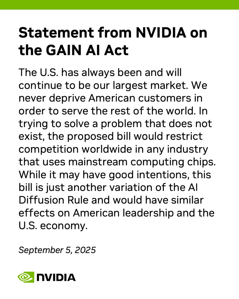 Statement from NVIDIA on the GAIN AI Act.