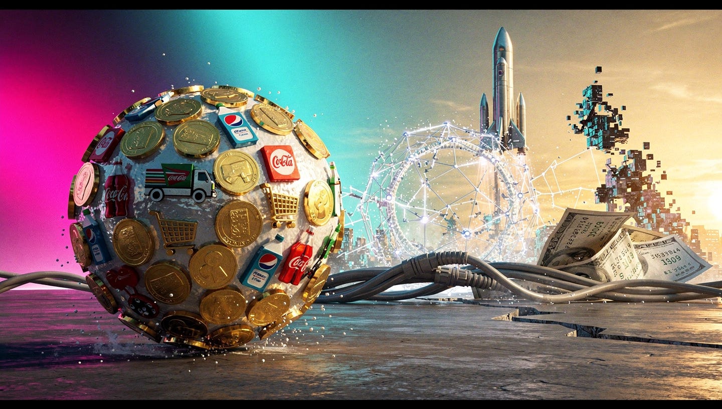 Una ilustración conceptual de estilo editorial financiero. En primer plano, una bola de nieve gigante y sólida hecha de monedas de oro y logotipos clásicos de consumo (como refrescos y camiones de reparto) rueda con fuerza por un terreno estable. Al fondo, un espejismo futurista compuesto por redes neuronales de IA y cohetes espaciales comienza a pixelarse y agrietarse, revelando cables eléctricos pesados y facturas de costes energéticos. El cielo pasa de un neón artificial a una luz dorada de atardecer, simbolizando un cambio de ciclo. Estética limpia, profesional y de alto contraste. Una ilustración conceptual de estilo editorial financiero. En primer plano, una bola de nieve gigante y sólida hecha de monedas de oro y logotipos clásicos de consumo (como refrescos y camiones de reparto) rueda con fuerza por un terreno estable. Al fondo, un espejismo futurista compuesto por redes neuronales de IA y cohetes espaciales comienza a pixelarse y agrietarse, revelando cables eléctricos pesados y facturas de costes energéticos. El cielo pasa de un neón artificial a una luz dorada de atardecer, simbolizando un cambio de ciclo. Estética limpia, profesional y de alto contraste.