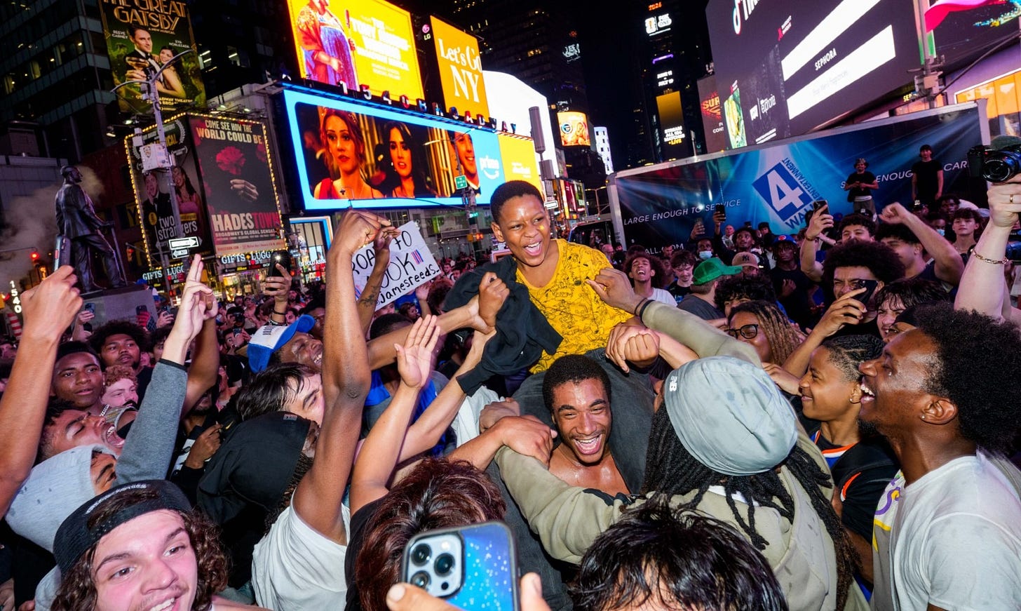 New York Knicks fans celebrate in Times Square (Adam Gray/Getty Images)