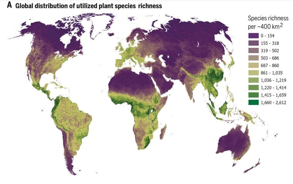 Global map of utilized plant species richness — densest in tropical Indigenous territories. Pironon et al. 2024, Science. Global map of utilized plant species richness — densest in tropical Indigenous territories. Pironon et al. 2024, Science.
