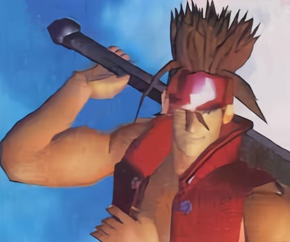 A computer-generated image of Sol Badguy. He's holding a sword up and behind him while grinning at the camera. The graphics have aged poorly.