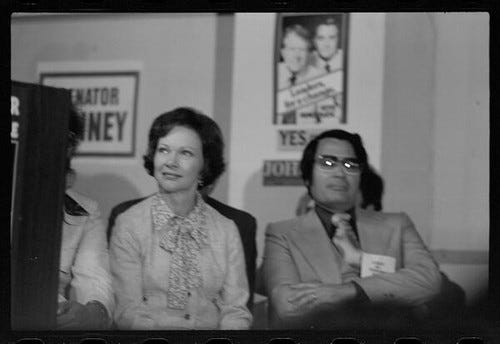 Jimmy Carter Rally, Jim Jones with Rosalynn Carter — Calisphere