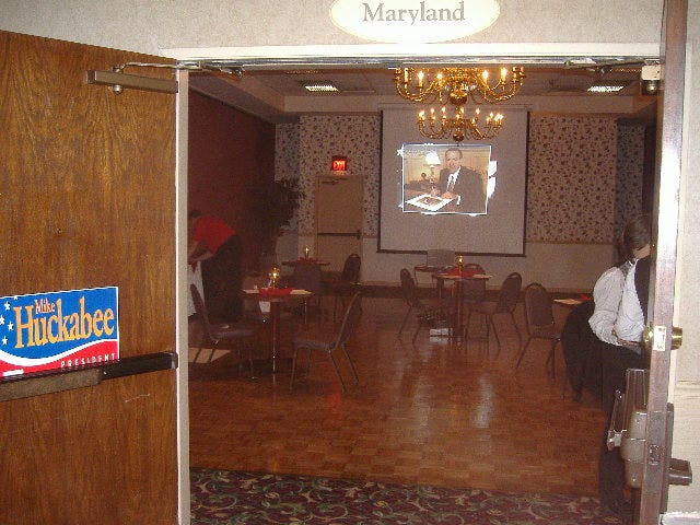 Supporters of Mike Huckabee had a room and video board going in our conference center. I took this while they were setting up but they really didn't draw a lot of folks even while I was in there. Supporters of Mike Huckabee had a room and video board going in our conference center. I took this while they were setting up but they really didn't draw a lot of folks even while I was in there.
