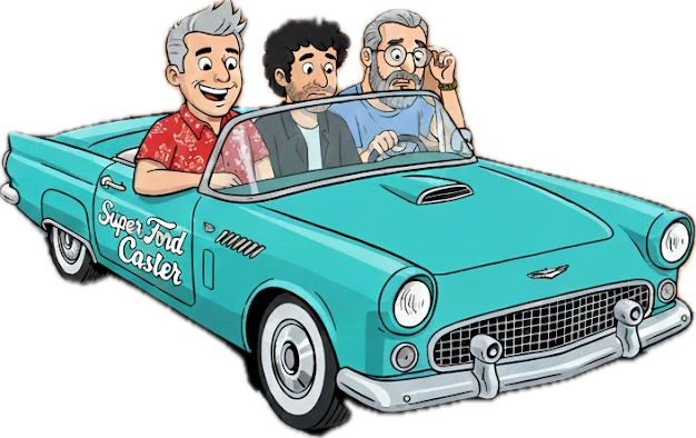Cartoon drawing of three men in a teal convertible with the words, "Super Ford Caster" on the passenger side door. They all have expressions of their faces that suggest they have seen things no mortal should see.