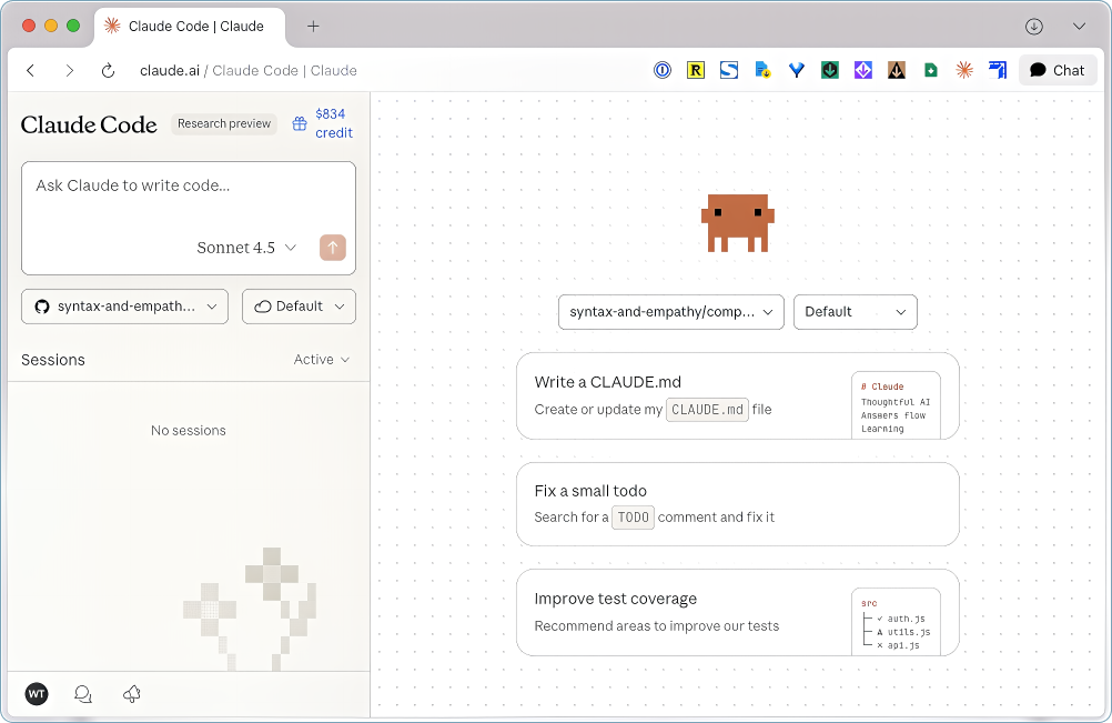 Claude Code home screen with an “Ask Claude to write code…” prompt box on the left and, on the right, a pixel-style mascot above three suggested tasks: “Write a CLAUDE.md,” “Fix a small todo,” and “Improve test coverage.”