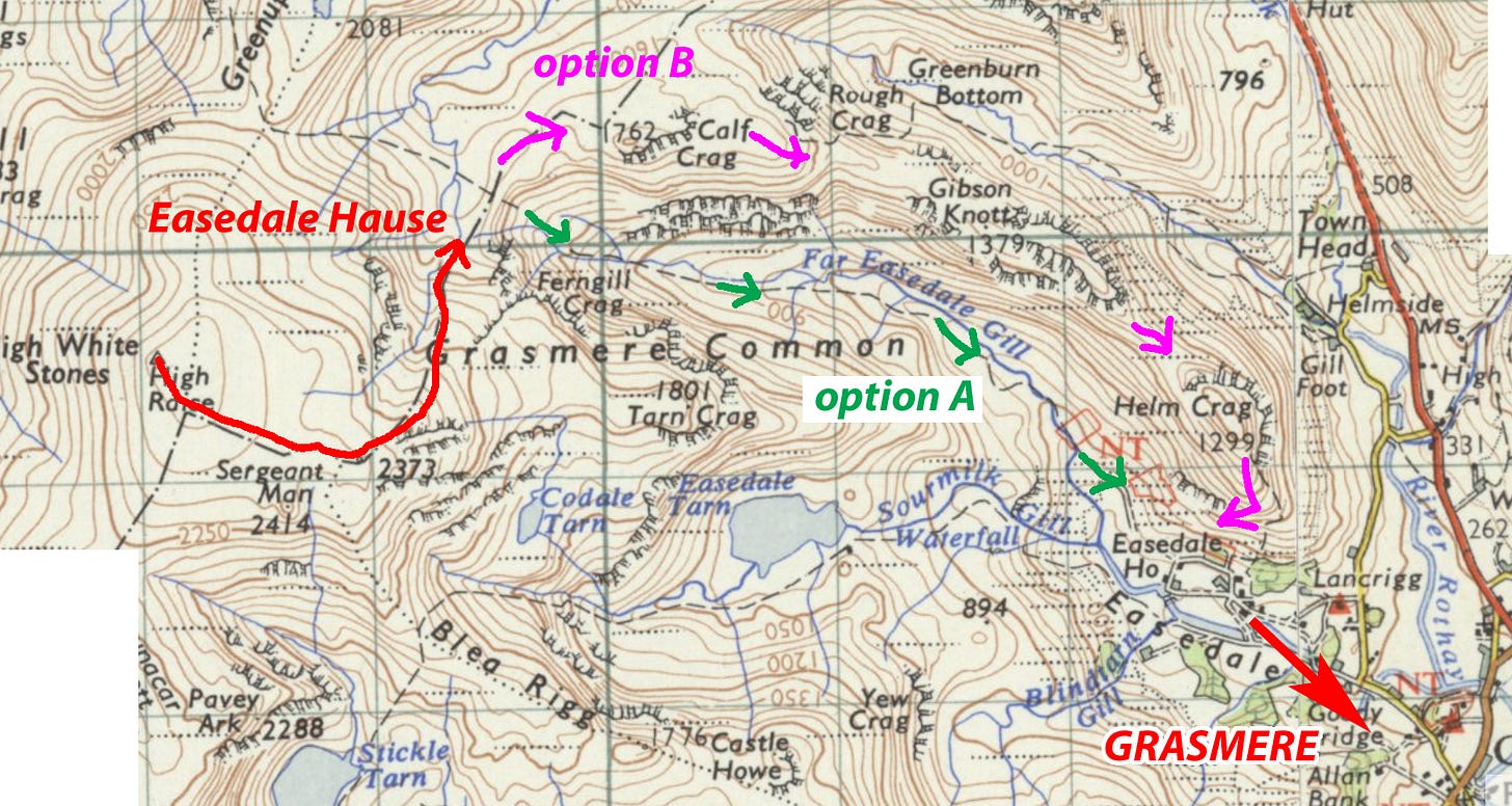 matrked up map, helm Crag and Easedale