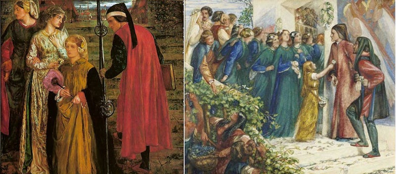 Two paintings illustrating the two encounters Dante described with Beatrice Two paintings illustrating the two encounters Dante described with Beatrice