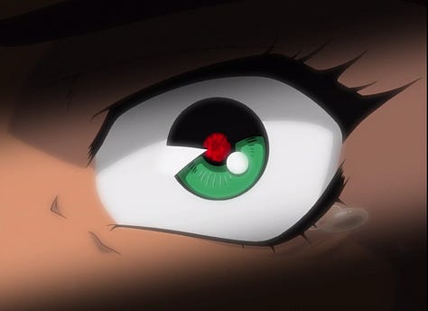 First image: Takki looks unnerved. Second image: A red dot appears in Nakajima's pupil - Jyouyuu taking over Nakajima's body, Third image: Nakajima looks hurt as she tells Takki that she trusted them