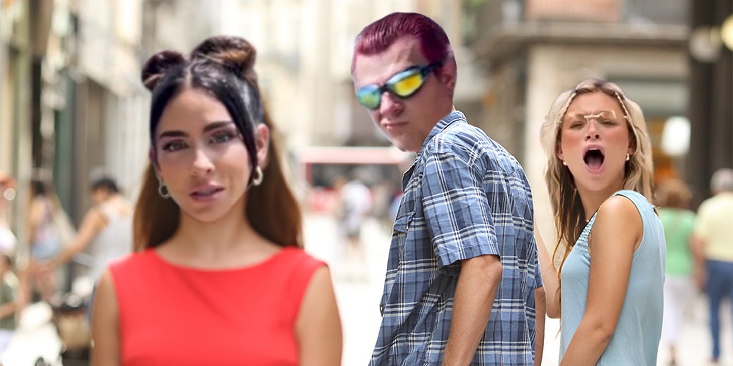 Disloyal man walking with his girlfriend and looking amazed at another seductive girl
