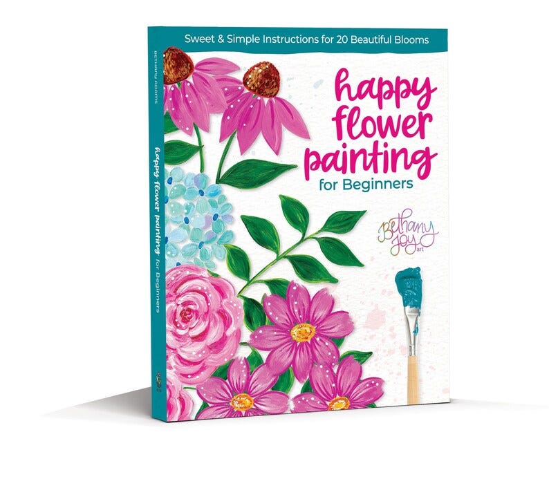 May include: A book cover with the title "happy flower painting for Beginners" and a colorful illustration of flowers. The book is by Bethany Joy Art.