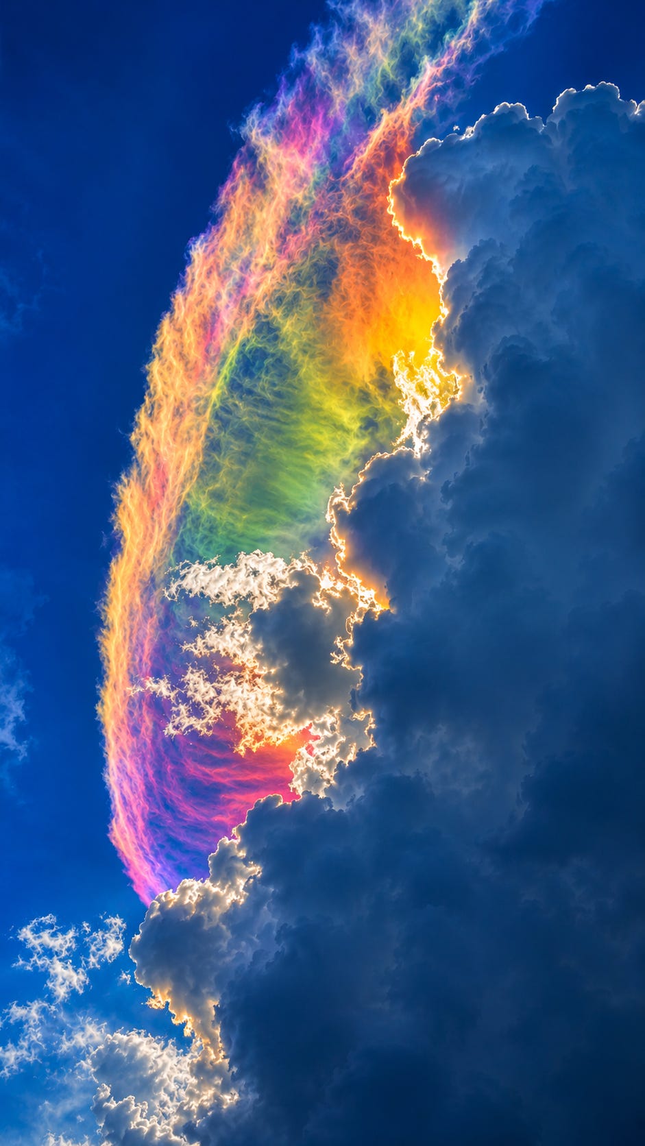 a remarkable & ultra rare display of iridescent clouds, where rainbow hues form as sunlight interacts with lingering moisture suspended in the air / captured in Jonggol, Indonesia 