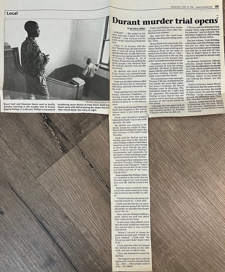 Stories as published in the Herald Democrat in 1997 depicting the newspaper coverage of a death penalty trial in Durant, Oklahoma. (Mc Nelly Torres | Don't Forget My Voice)
