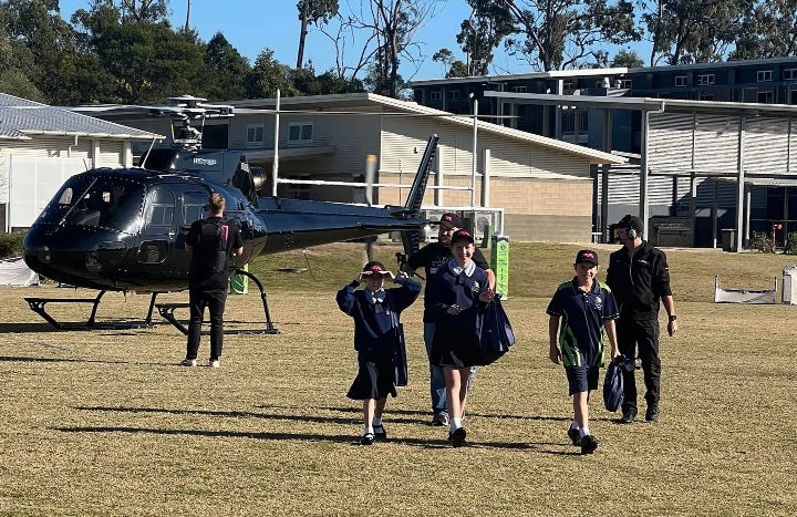 Coomera Rivers State School student, Ella Bourke, was the envy of her schoolmates this week when she flew to school in a helicopter. 