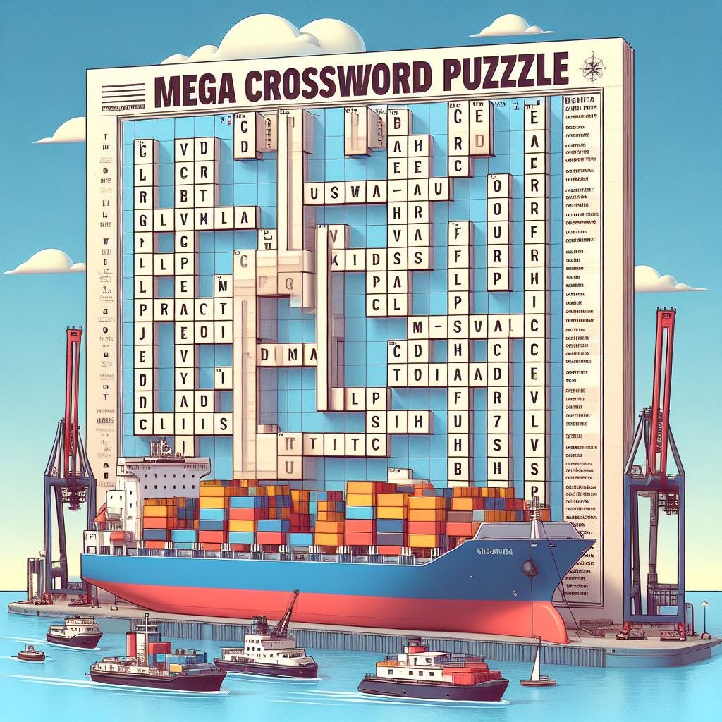 A blank crossword grid with clues related to container shipping terms with the title 'Mega Crossword Puzzle' A blank crossword grid with clues related to container shipping terms with the title 'Mega Crossword Puzzle'