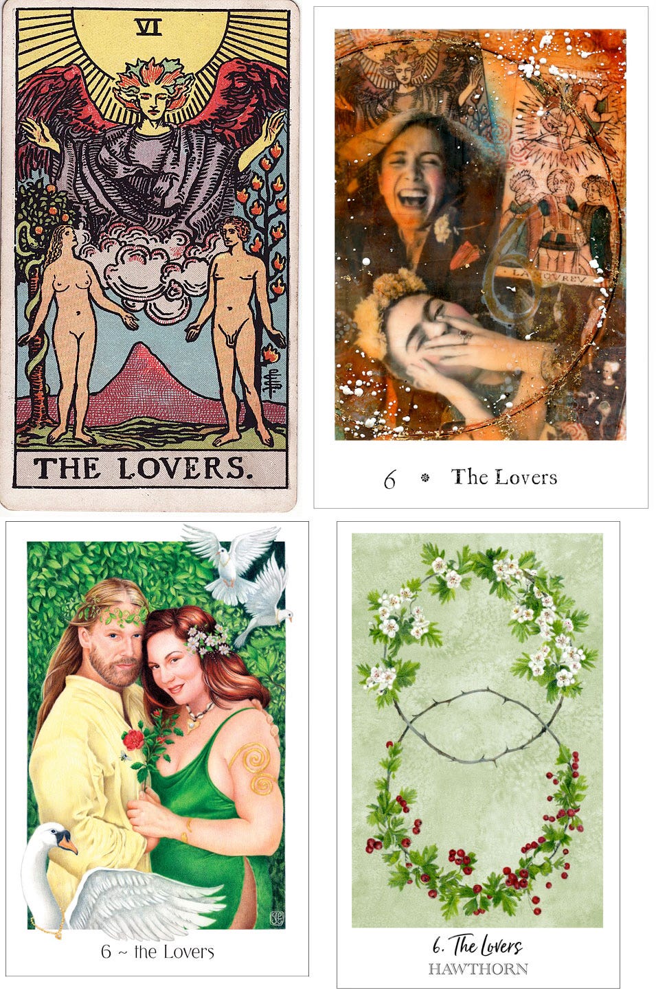 The Lovers, Rider-Waite-Smith deck; Pentimento Tarot; Gaian Tarot; Herbcrafter’s Tarot.