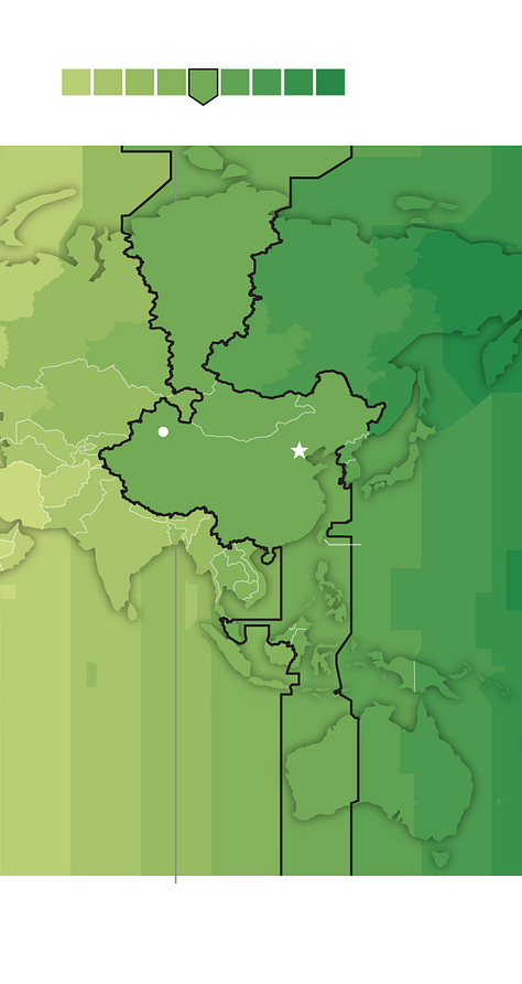 The time to ring in the new year is wildly different from country to country, even if they're feet from each other! From L to R: Kiribati is first in the world, Antarctica is all over the map, and western China is 3 hours ahead of its neighbors.