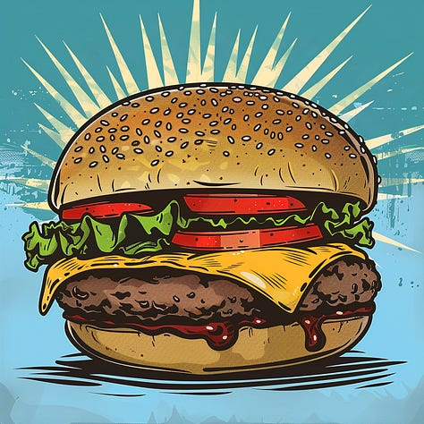Peacock, burger, and sunset + "comic book illustration"
