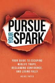 two book covers; the first is Pursue Your Spark: Your Guide to Escaping Midlife Traps, Reclaiming Confidence and Living Fully with an orange background; the second is the overthinker's guide to joy a handbook for overachievers, people pleasers, and perfectionists with a green background and white brain vector art