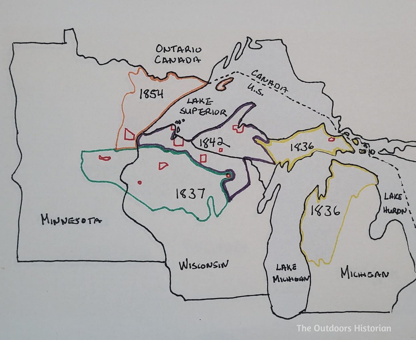 A hand drawn map of ceded territory in the American side of the northern Great Lakes.