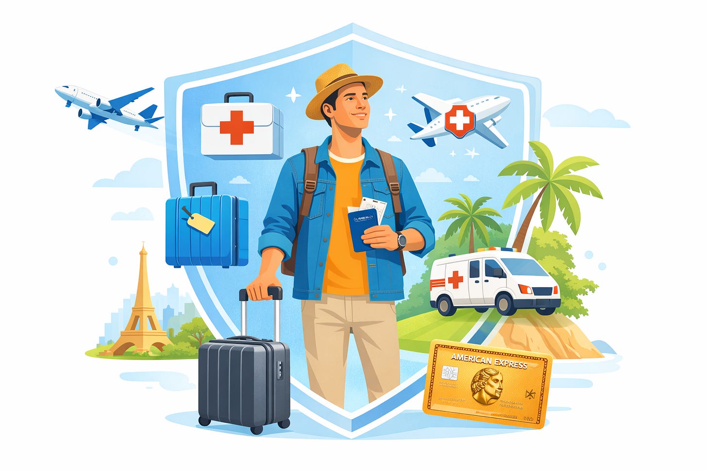 Un viaggiatore, circondato da slementi che ricordano il viaggio (aereo, trolley) ead altri che ricordano l'assicurazione medica (valigetta primo soccorso, ambulanza))