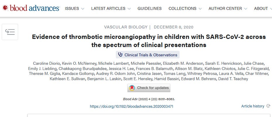 Study headline: "Evidence of thrombotic microangiopathy in children with SARS-CoV-2 across the spectrum of clinical presentations"