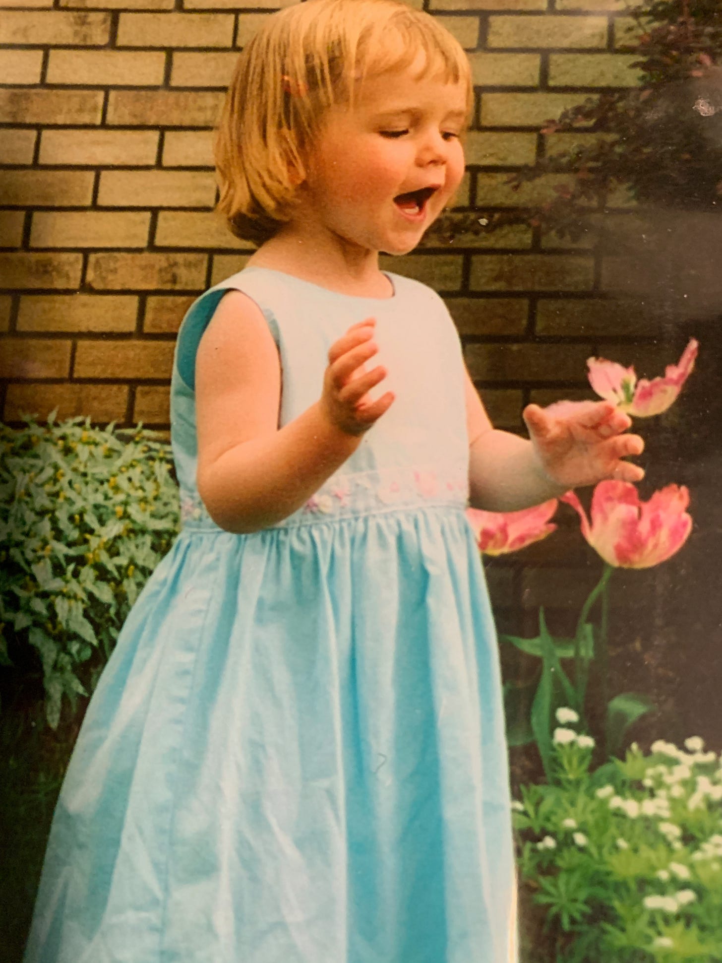 A photo of a photo of me as a toddler, toddling happily around a garden