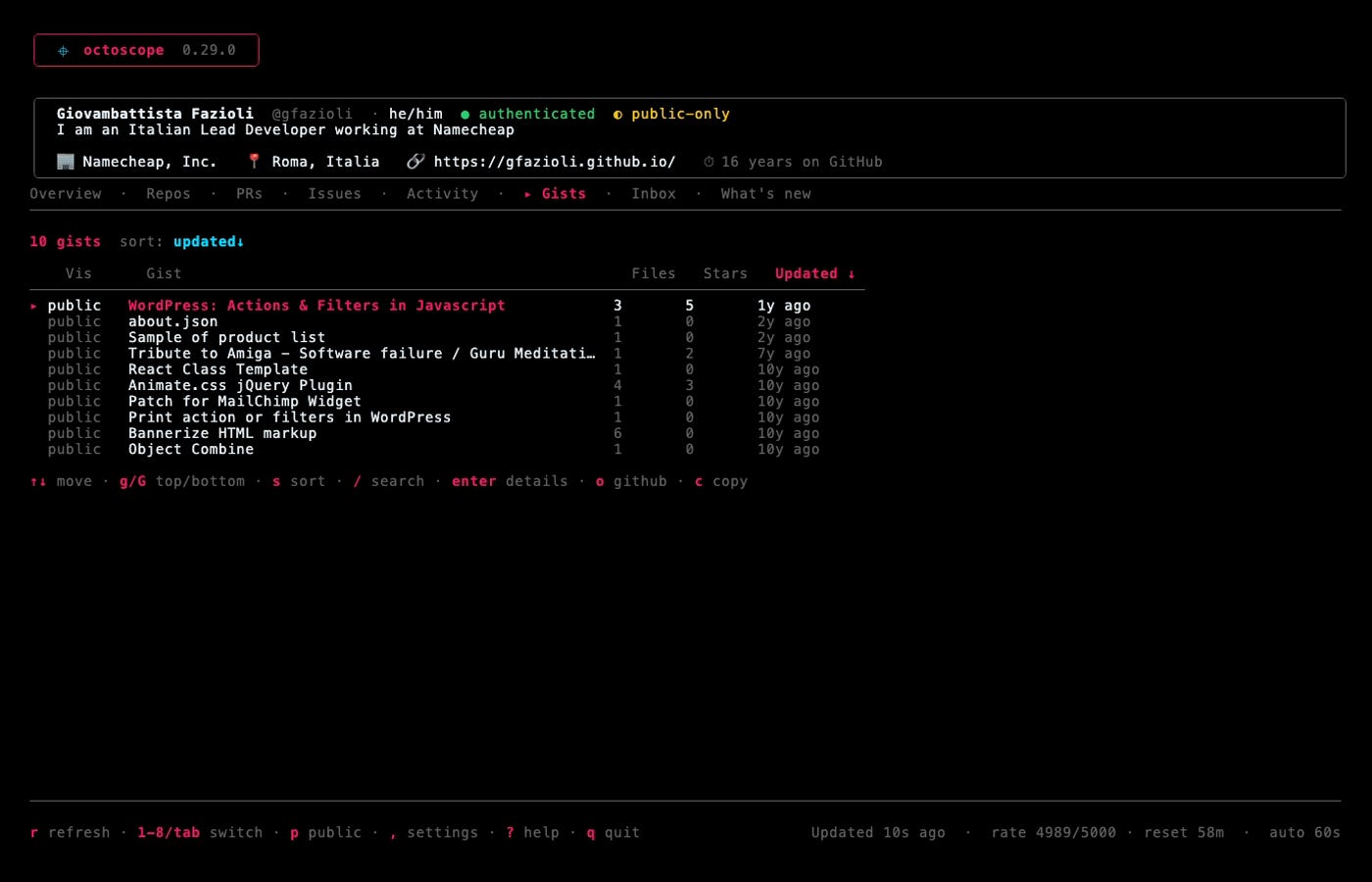 octoscope 0.29.0 on the new Gists tab — visibility, file count, stars and last change per gist, with enter drilling into the file contents octoscope 0.29.0 on the new Gists tab — visibility, file count, stars and last change per gist, with enter drilling into the file contents