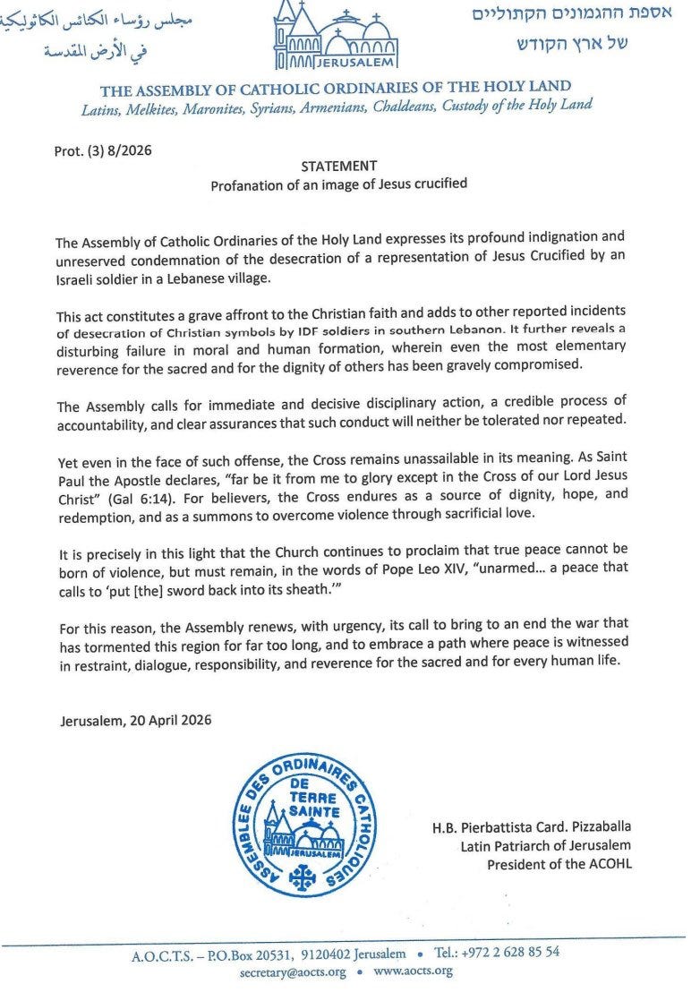 The official statement from the Assembly of Catholic Ordinaries of the Holy Land: a direct ecclesial indictment of the desecration in Debel, naming it not as an isolated incident but as evidence of a deeper moral collapse.