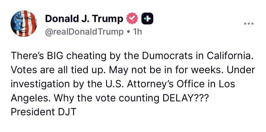 Donald Trump lost the 2020 election. He lost California by millions of votes in the 2024 election, and now he's trying to undermine confidence in our elections because he's a repeat loser Donald Trump lost the 2020 election. He lost California by millions of votes in the 2024 election, and now he's trying to undermine confidence in our elections because he's a repeat loser