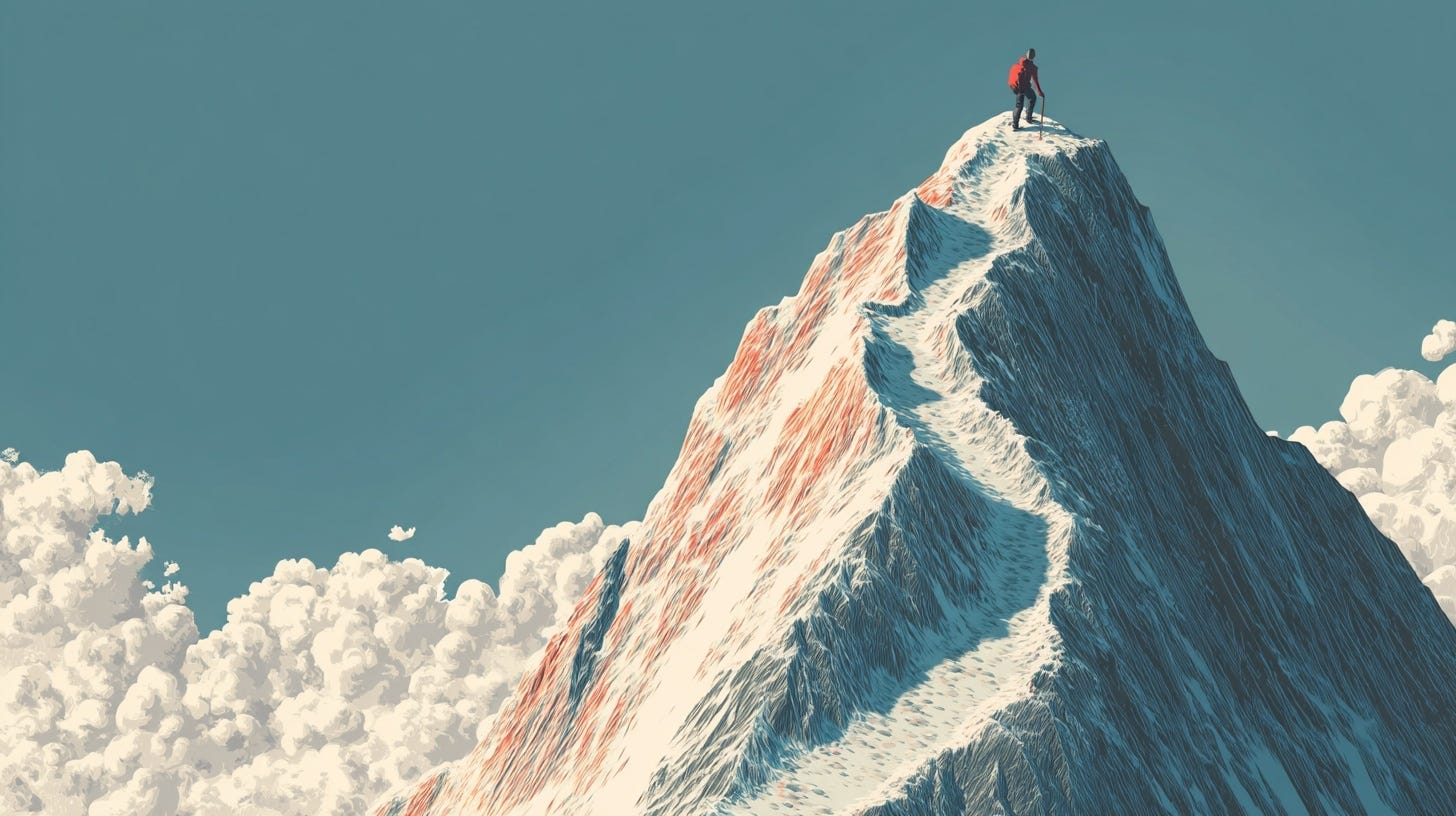 Illustration of a lone climber in a red jacket standing at the summit of a steep, snow-covered mountain peak, surrounded by clouds.