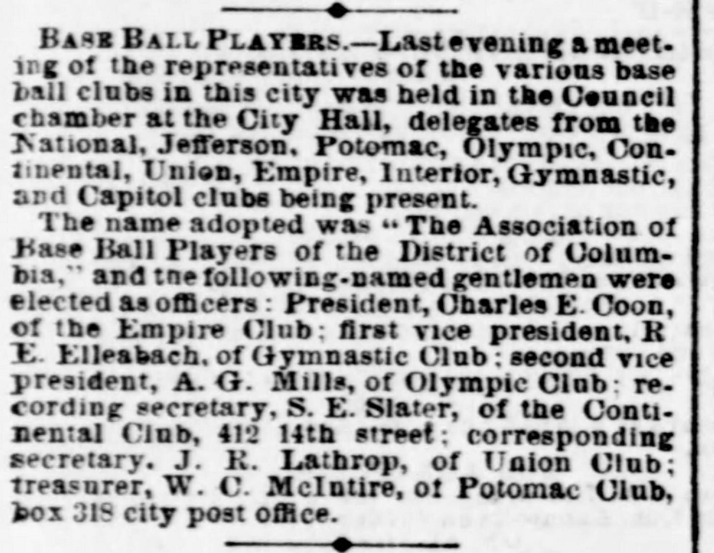 Newspaper clipping from the March 16, 1867, Washington Evening Star reporting the formation of the Association of Base Ball Players of the District of Columbia and listing Charles E. Coon as president.