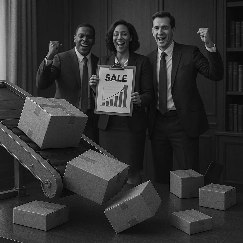 Fotografia em preto e branco mostra três executivos sorridentes comemorando uma venda, ao fundo de uma sala de reuniões. Eles seguram um painel com a palavra SALE e um gráfico de crescimento. Em primeiro plano, uma esteira transportadora de pacotes está quebrada, com várias caixas caindo no chão. A cena revela o contraste entre o entusiasmo comercial e os desafios operacionais que passam despercebidos no momento da celebração.