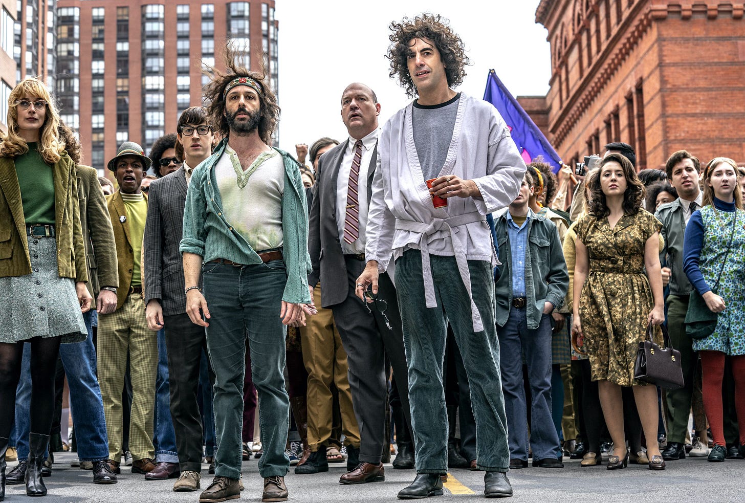 Jeremy Strong and Sasha Baron Cohen in The Trial of the Chicago 7