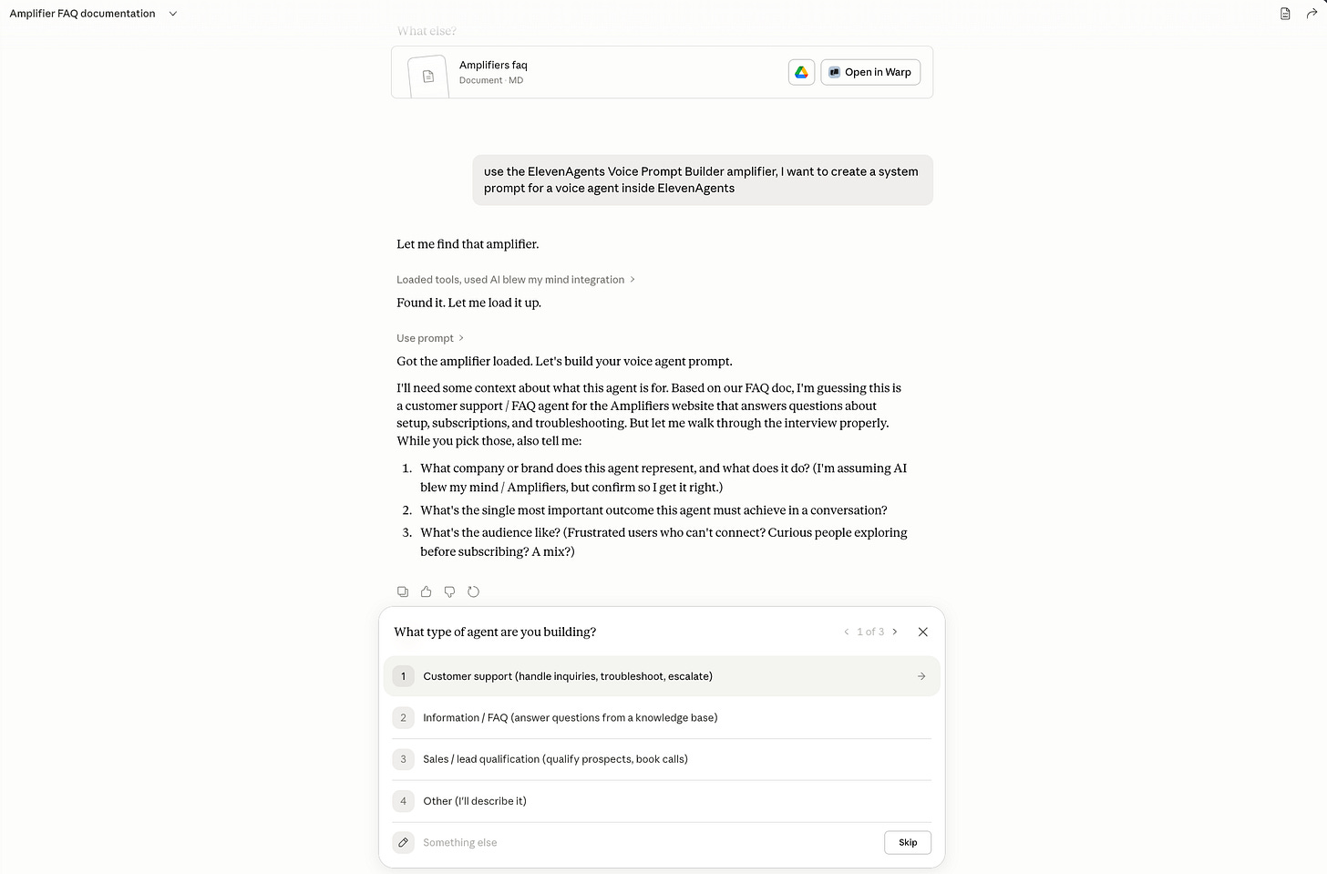 Using the ElevenAgents Voice Prompt Builder inside Amplifiers to create a system prompt, showing the interview questions about agent type, company, goals, and audience. Using the ElevenAgents Voice Prompt Builder inside Amplifiers to create a system prompt, showing the interview questions about agent type, company, goals, and audience.