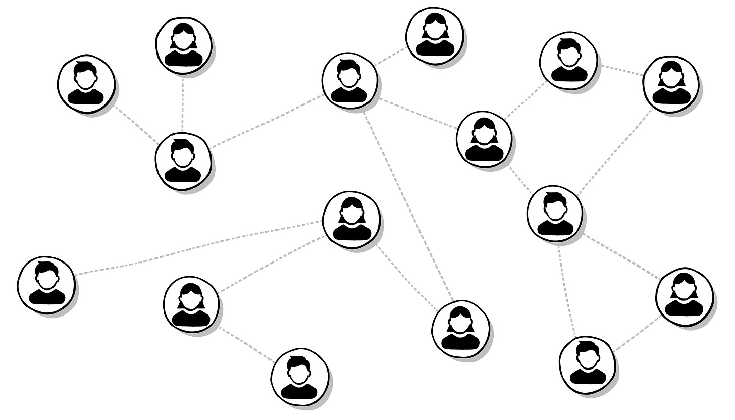 A diagram of people icons connected by lines representing a network. A diagram of people icons connected by lines representing a network.