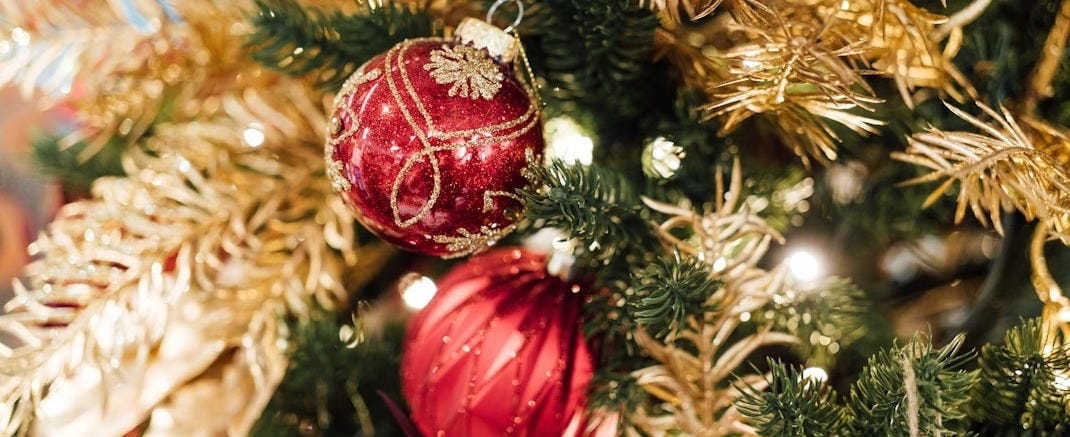 a close up of a christmas tree with ornaments