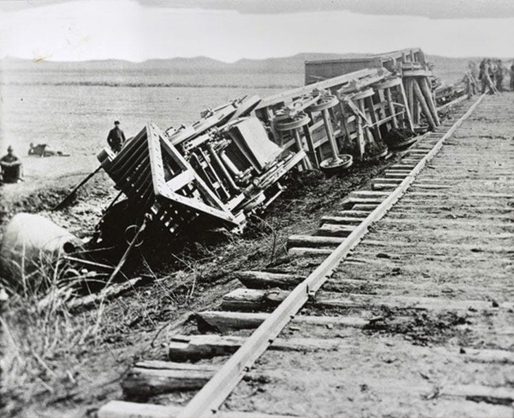 Confederate cavalry derail and capture a Union supply and troop train just east of town.