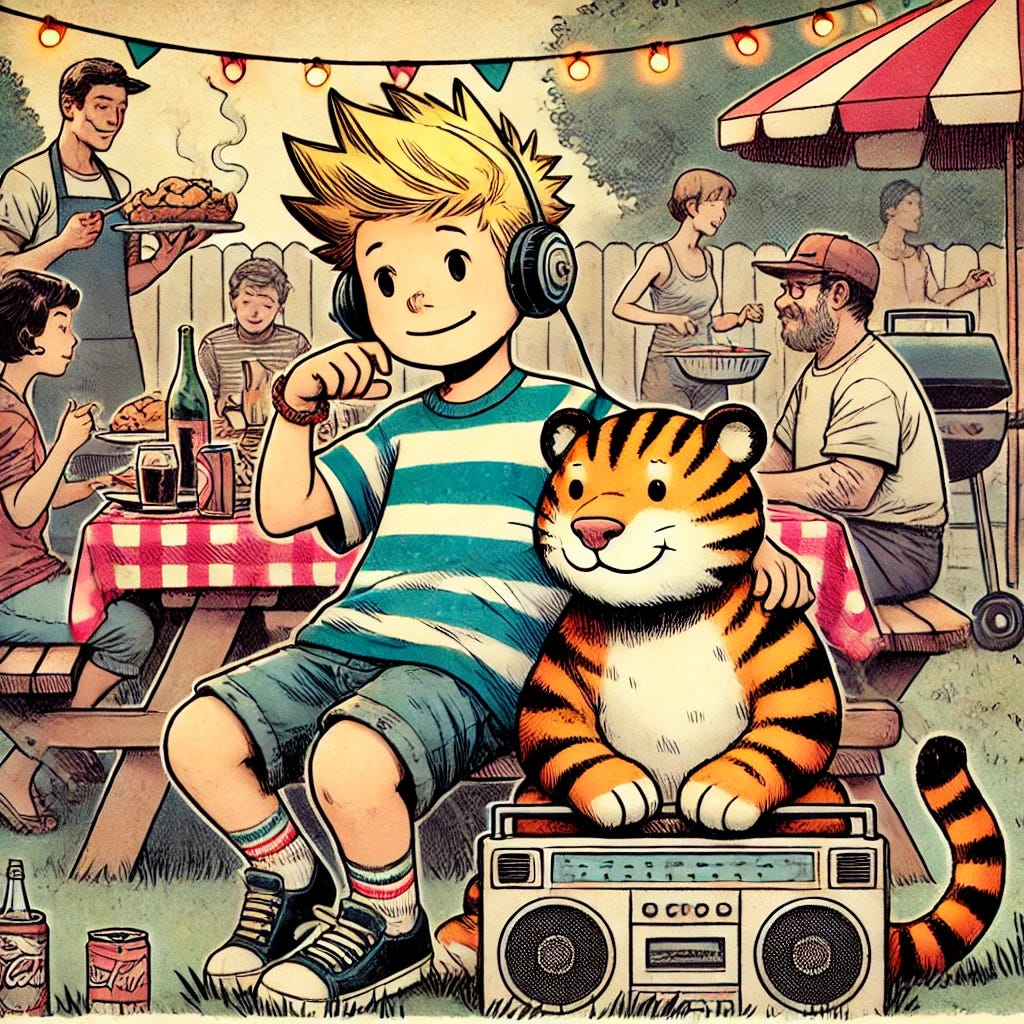 A young boy with spiky blond hair in a striped shirt and shorts, and a cartoon-style tiger companion, illustrated in a nostalgic vintage comic style. They are at a backyard cookout, surrounded by people grilling, colorful picnic tables, and string lights. They are listening to George Michael playing on a classic boombox nearby. The boy and tiger look relaxed and happy, enjoying the music and food. The scene is warm, festive, and casual, with hand-drawn textures and a watercolor comic-strip aesthetic.
