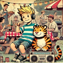 A young boy with spiky blond hair in a striped shirt and shorts, and a cartoon-style tiger companion, illustrated in a nostalgic vintage comic style. They are at a backyard cookout, surrounded by people grilling, colorful picnic tables, and string lights. They are listening to George Michael playing on a classic boombox nearby. The boy and tiger look relaxed and happy, enjoying the music and food. The scene is warm, festive, and casual, with hand-drawn textures and a watercolor comic-strip aesthetic.