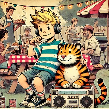 A young boy with spiky blond hair in a striped shirt and shorts, and a cartoon-style tiger companion, illustrated in a nostalgic vintage comic style. They are at a backyard cookout, surrounded by people grilling, colorful picnic tables, and string lights. They are listening to George Michael playing on a classic boombox nearby. The boy and tiger look relaxed and happy, enjoying the music and food. The scene is warm, festive, and casual, with hand-drawn textures and a watercolor comic-strip aesthetic.