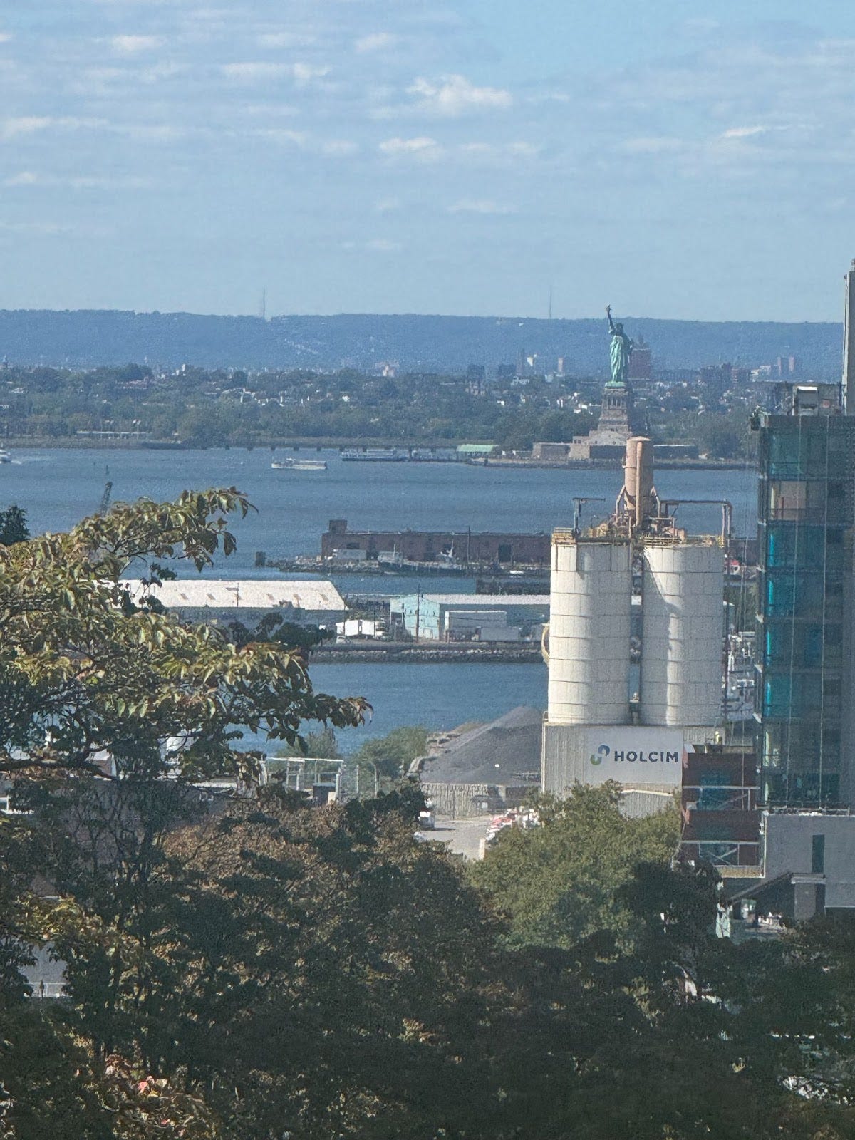 View of Statue of Liberty across the harbor with some trees and industrial sites in view