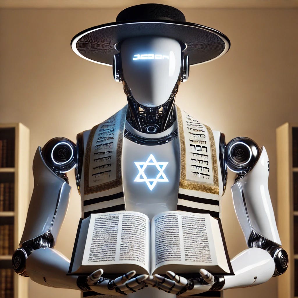 A futuristic robot rabbi with a sleek metallic body, wearing a large traditional black rabbinic hat and no tallit. The robot's face is a blank white screen emitting a soft glow. It is holding an open Gemara (Talmud) book, with Hebrew text visible, in a gesture of teaching. The setting is a modern, minimalistic study room with a few bookshelves and warm lighting.