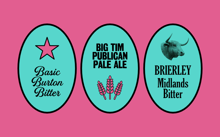Three mocked up pumpclips for Basic Burton Bitter, Big Tim Publican Pale Ale, and Brierley Midlands Bitter.