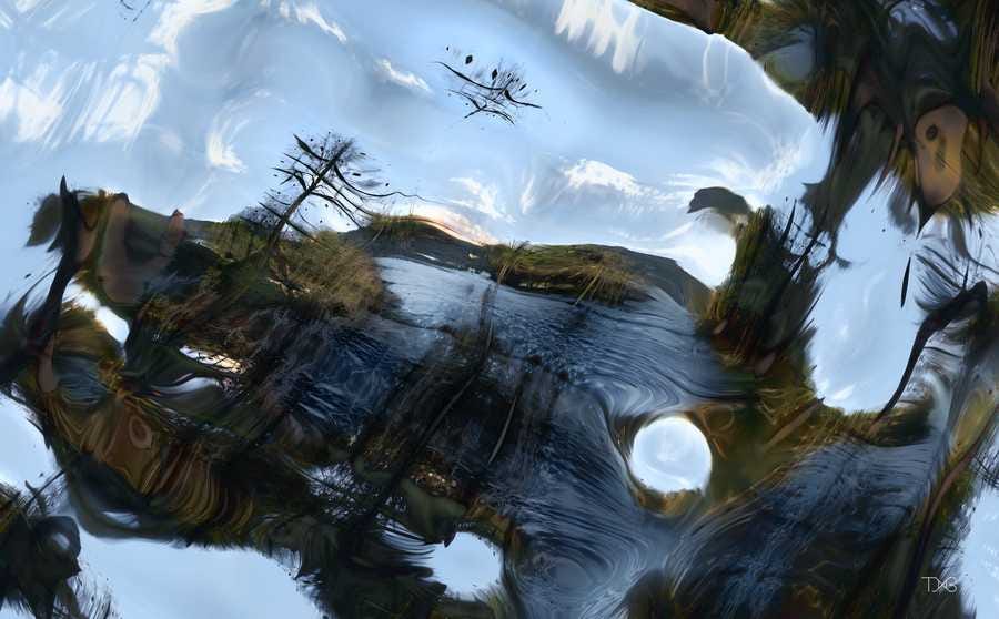 AI-rendered artwork “lake blue sky (1458)” by Tim Murray-Browne from the exhibition “Small Frame Infinite Canvas”. The image shows a lake with distortions around the edges of the frame as if the ink of the image was being swirled into whirlpools. AI-rendered artwork “lake blue sky (1458)” by Tim Murray-Browne from the exhibition “Small Frame Infinite Canvas”. The image shows a lake with distortions around the edges of the frame as if the ink of the image was being swirled into whirlpools.