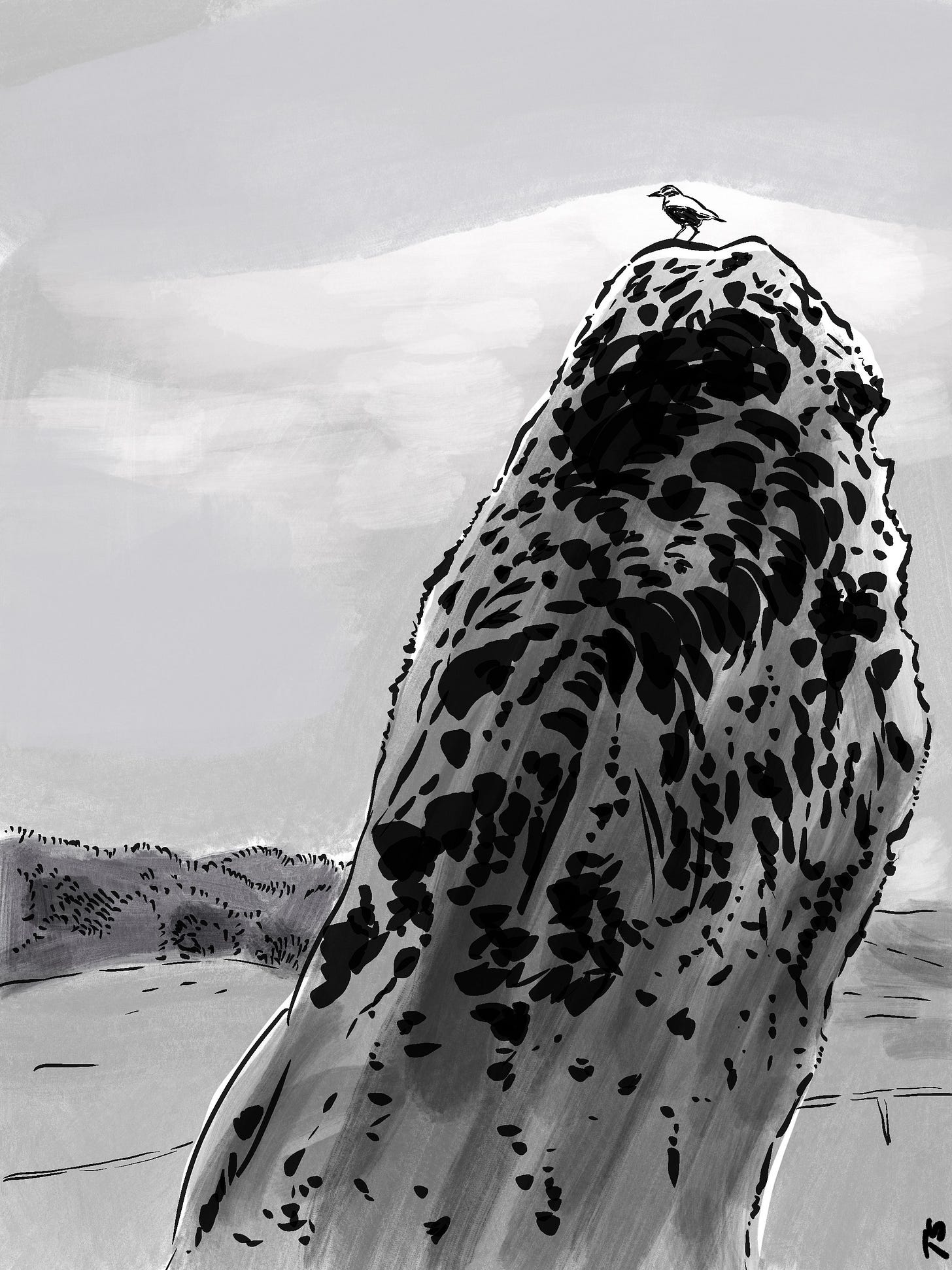 black and white ink drawing of a small bird perched on top of a large textured rock on an overcast day at Stonehenge