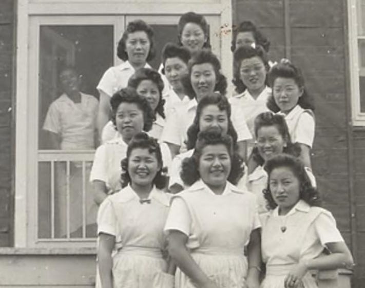 Japanese-American nurses outside their clinic, Rohwer Relocation Center in McGehee, Arkansas, c.1942. Detail of a larger photo. Japanese-American nurses outside their clinic, Rohwer Relocation Center in McGehee, Arkansas, c.1942. Detail of a larger photo.