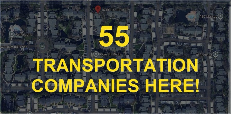 The image is a screenshot of a map with a red location pin marking a specific address. Overlaid on the map in bold yellow text, it states "55 TRANSPORTATION COMPANIES HERE!". The context from the post text reveals that this location has fifty-five transportation companies registered, including both active and inactive USDOTs, as well as a truck driving school. The map provides a visual representation of the location where these companies are supposedly registered.