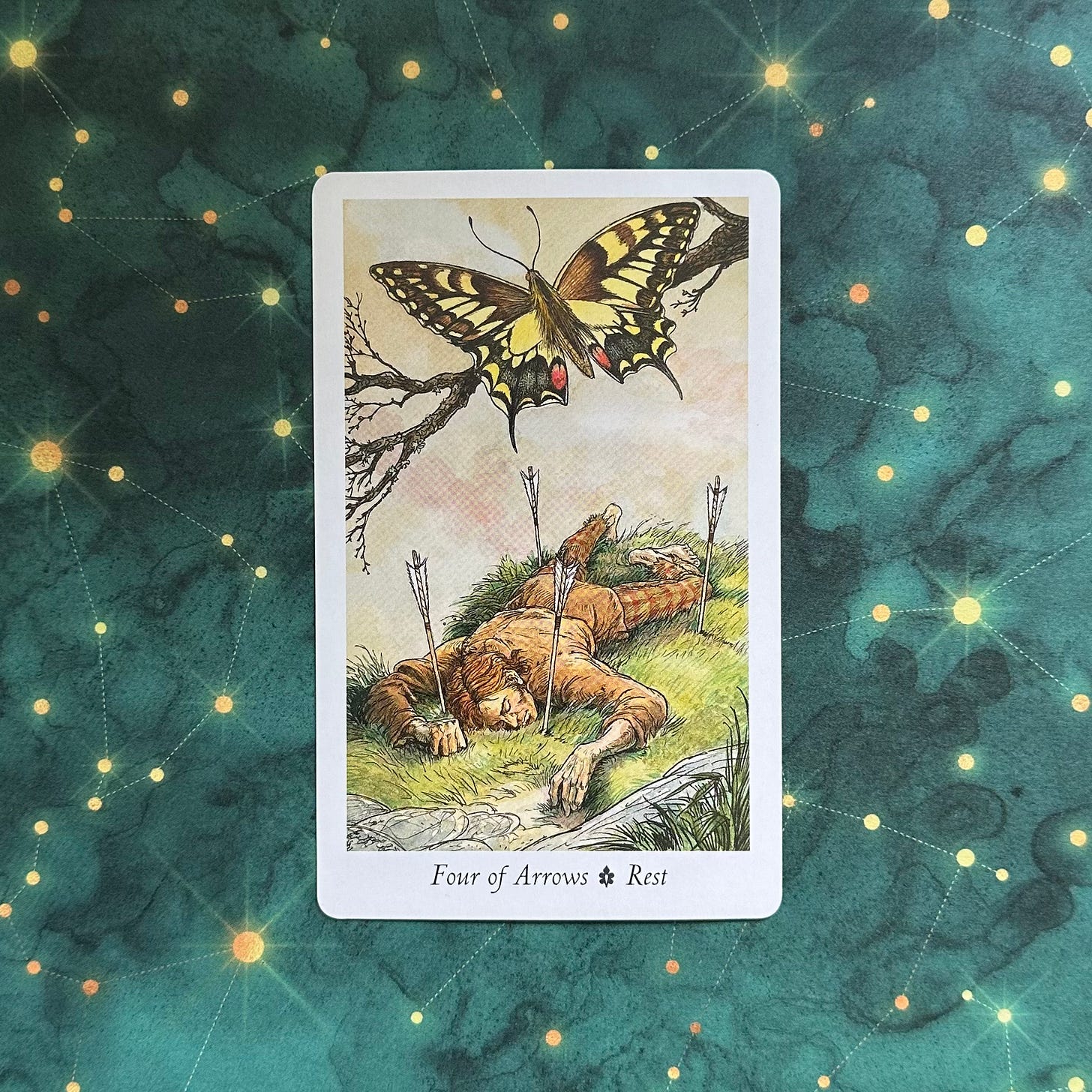 A man lies flat out on the grass, either asleep or comatose, with four arrows point first into the ground around him. A large butterfly sits on a tree branch above him.