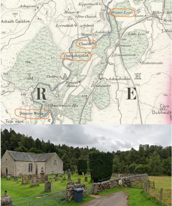 Detail from the 1876 Ordnance Survey map of Nairnshire, showing Dalnaheiglish opposite the church of Ardclach. The photo below is Ardclach church looking across the Findhorn to Dalnaheiglish Wood. (National Library of Scotland, Google) Detail from the 1876 Ordnance Survey map of Nairnshire, showing Dalnaheiglish opposite the church of Ardclach. The photo below is Ardclach church looking across the Findhorn to Dalnaheiglish Wood. (National Library of Scotland, Google)