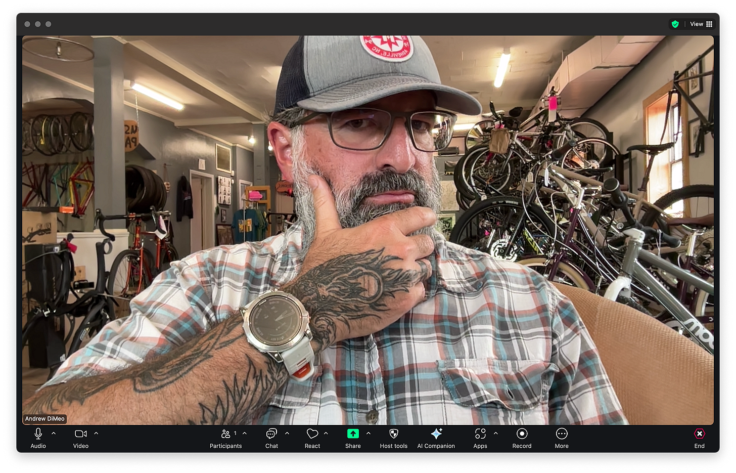 Screen capture of the Zoom user interface with the author looking at himself. He’s wearing a hat and glasses. His right hand is on his bearded chin, and his head is slightly turned, with his eyes looking directly into the camera. He’s in the thinking position. The tattoo on his hand is being primently displayed for all on Zoom to see. Screen capture of the Zoom user interface with the author looking at himself. He’s wearing a hat and glasses. His right hand is on his bearded chin, and his head is slightly turned, with his eyes looking directly into the camera. He’s in the thinking position. The tattoo on his hand is being primently displayed for all on Zoom to see.